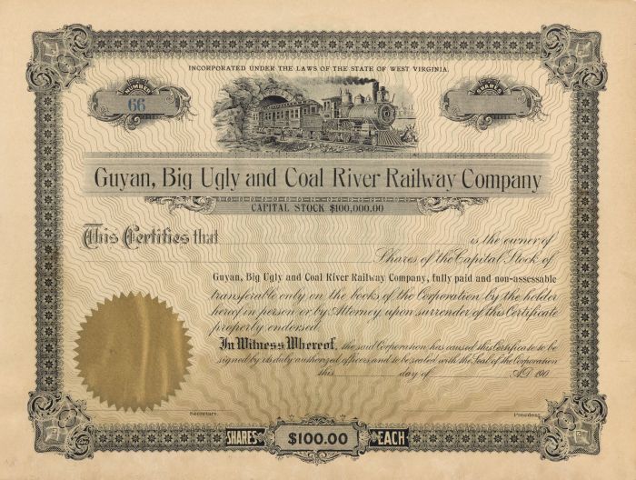 Guyan, Big Ugly and Coal River Railway Co. - Stock Certificate