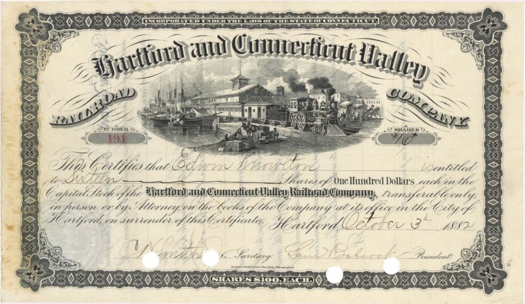 Hartford and Connecticut Valley Railroad Co. - 1882 dated Stock Certificate