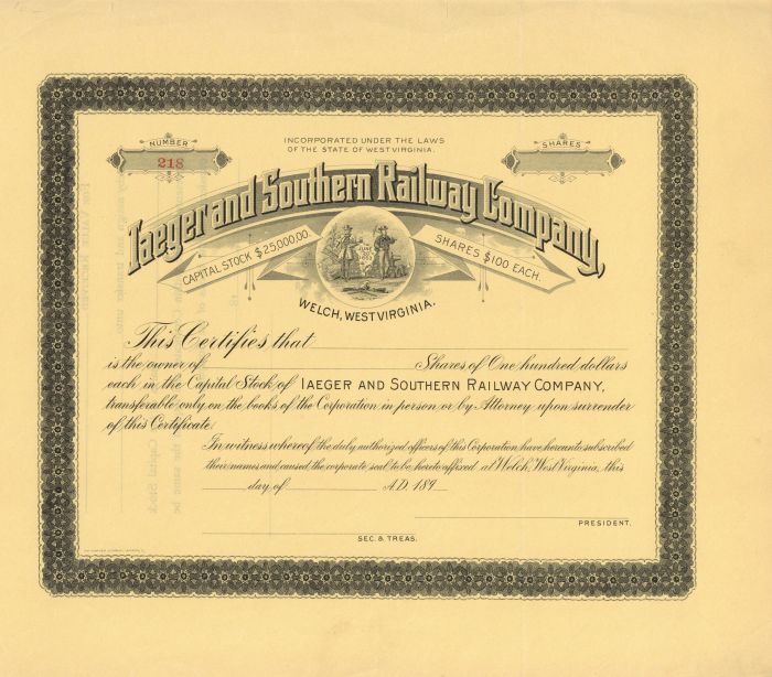 Iaeger and Southern Railway Co. - Stock Certificate