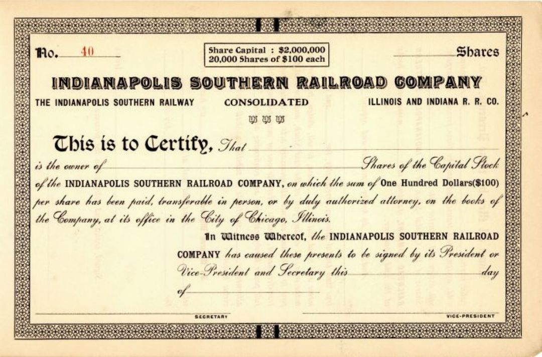 Indianapolis Southern Railroad Co. - Unissued Railway Stock Certificate - Indiana and Illinois