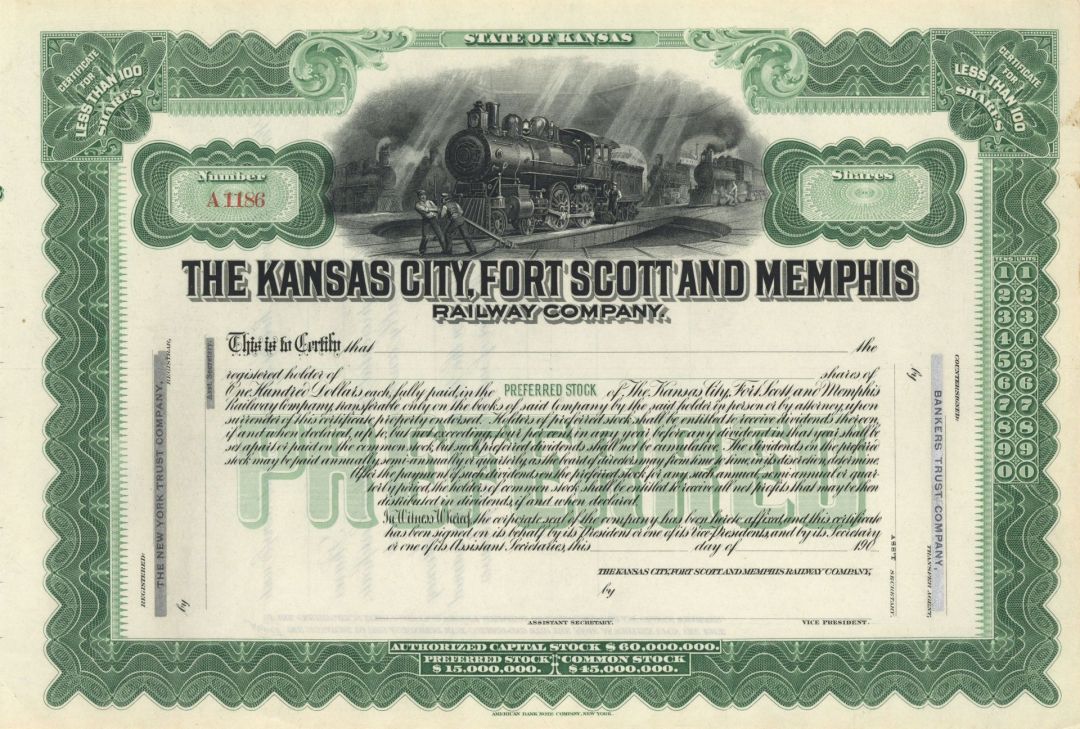 Kansas City, Fort Scott and Memphis Railway Co. - Unissued Stock Certificate