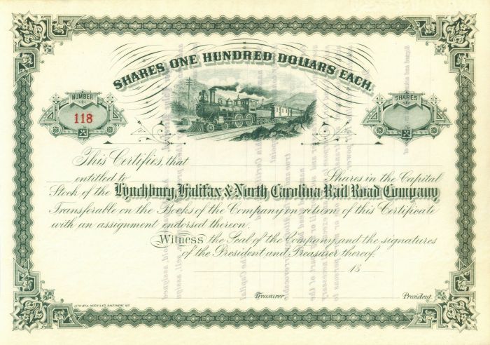 Lynchburg, Halifax and North Carolina Rail Road Co. - Railway Stock Certificate