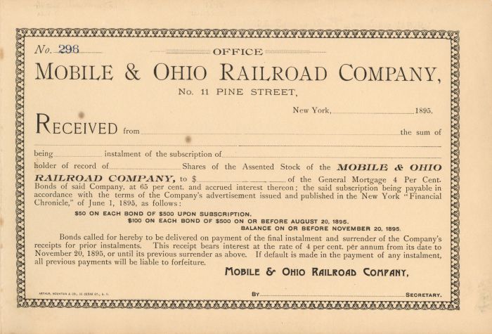 Mobile and Ohio Railroad Co. - Stock Certificate