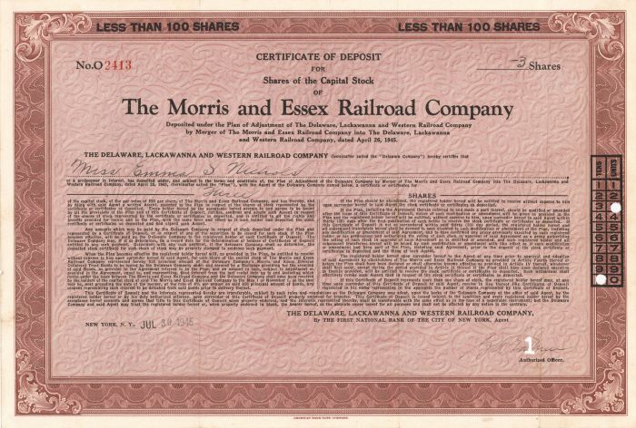 Morris and Essex Railroad Co. - Stock Certificate