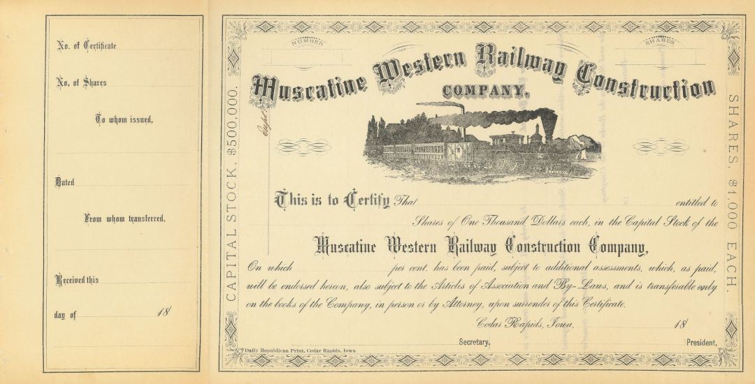 Muscatine Western Railway Construction Co. - Stock Certificate - Unissued