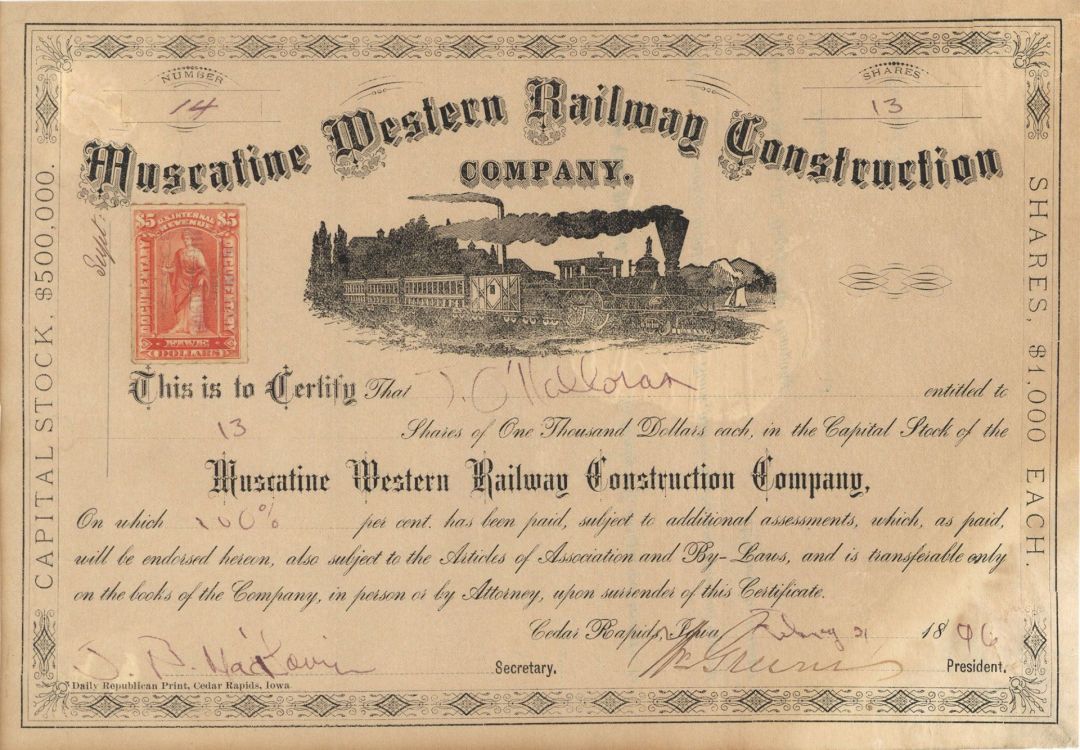 Muscatine Western Railway Construction Co. - Stock Certificate