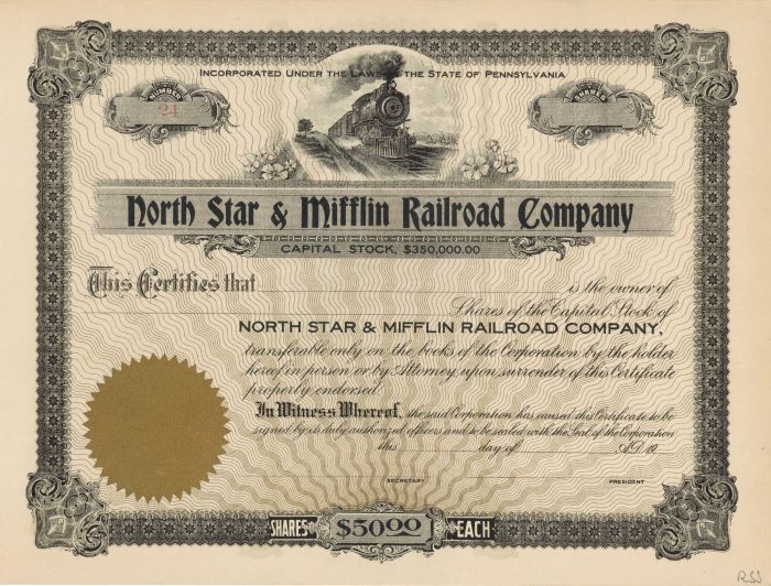 North Star and Mifflin Railroad Co. - Stock Certificate