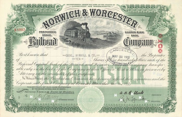 Nowich and Worcester Railroad Co. - Stock Certificate