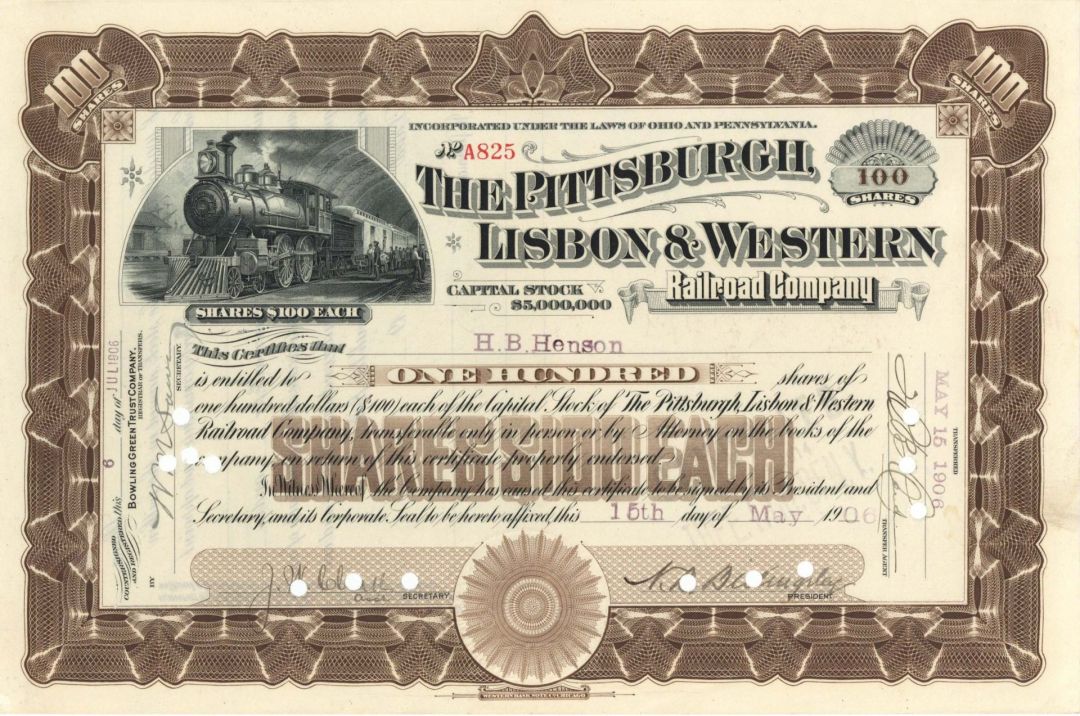 Pittsburgh, Lisbon and Western Railroad Co. - 1906 dated Stock Certificate