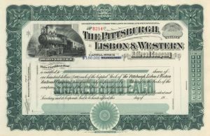 Pittsburgh, Lisbon and Western Railroad Co. - Stock Certificate