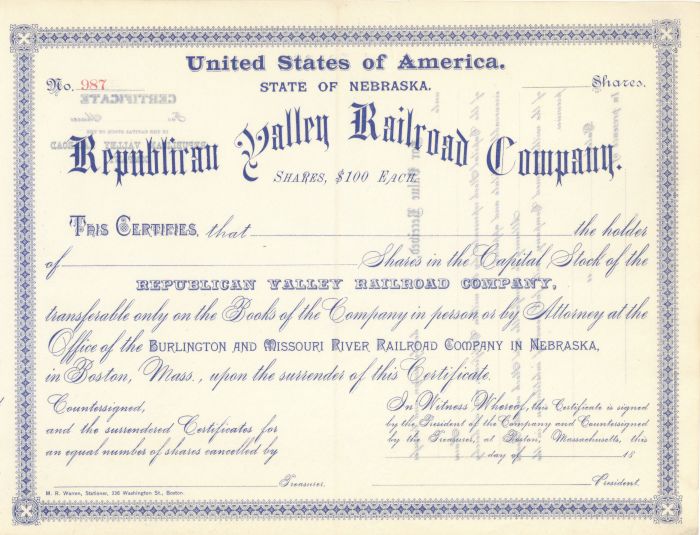 Republican Valley Railroad Co. - Stock Certificate