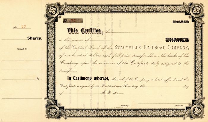 Stacyville Railroad Co. - Unissued Railway Stock Certificate