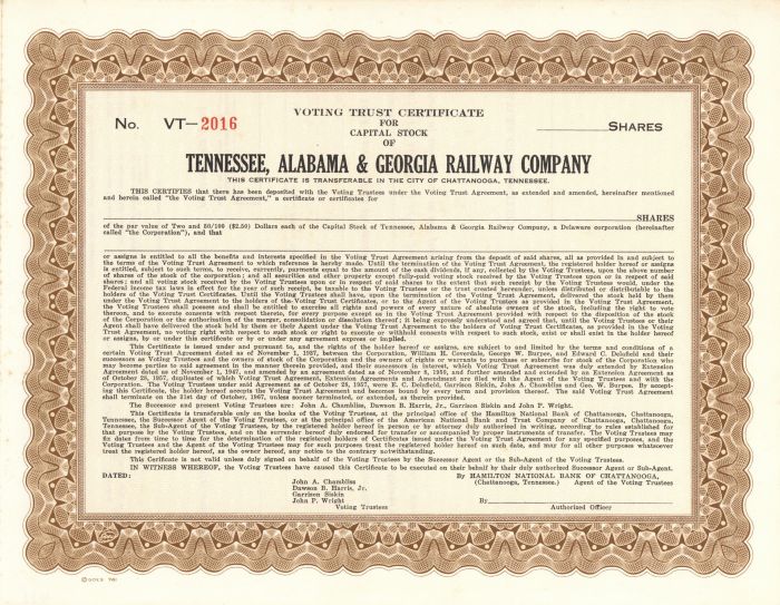 Tennessee, Alabama and Georgia Railway Co. - Stock Certificate