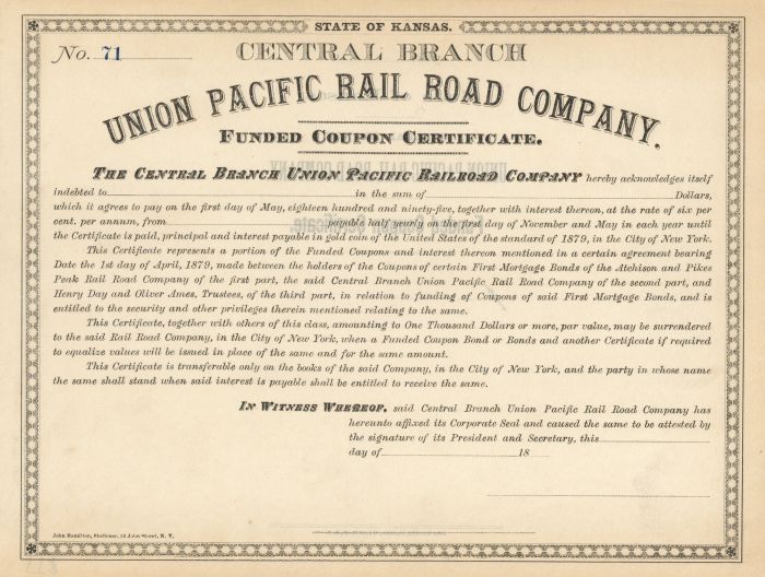 Union Pacific Rail Road Co. - 1860's-70's dated Kansas Railway Unissued Stock Certificate