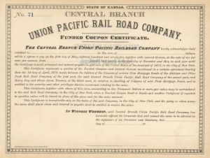 Union Pacific Rail Road Co. - 1860's-70's dated Kansas Railway Unissued Stock Certificate