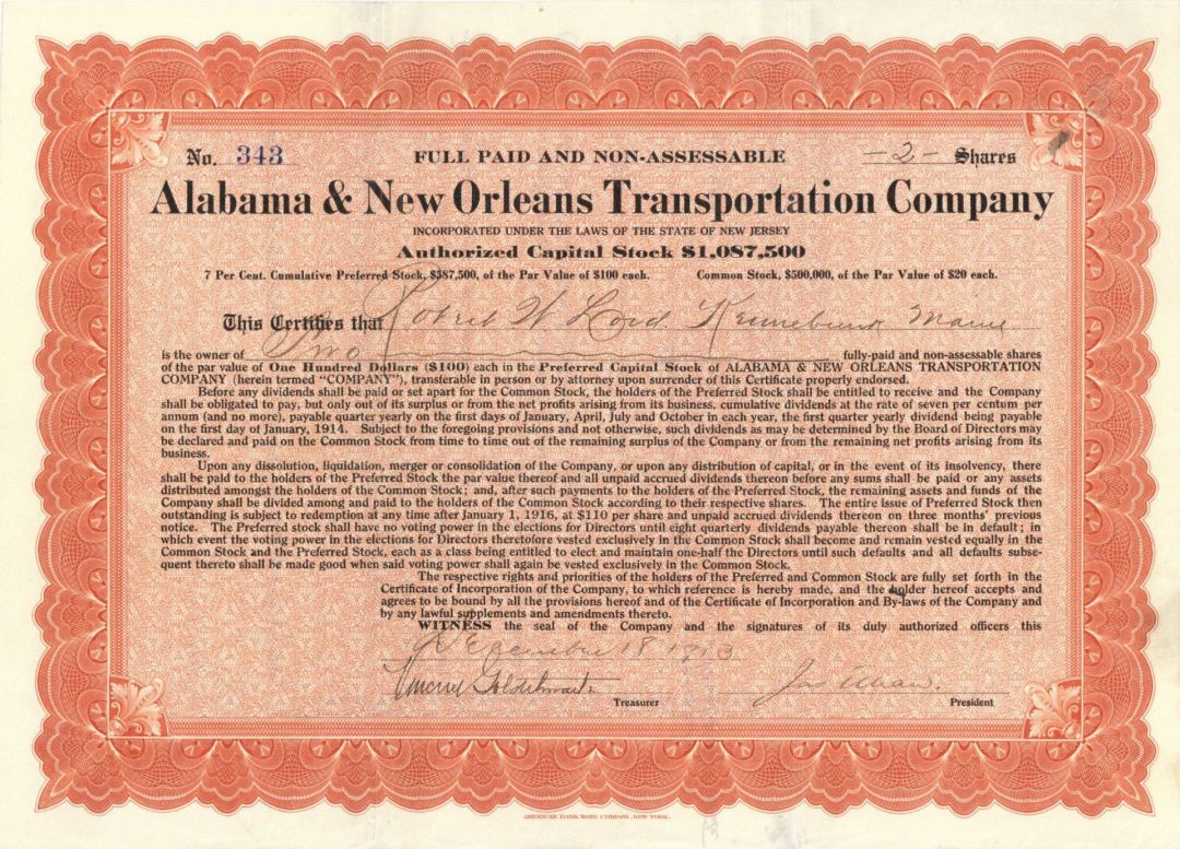 Alabama and New Orleans Transportation Co. - Stock Certificate