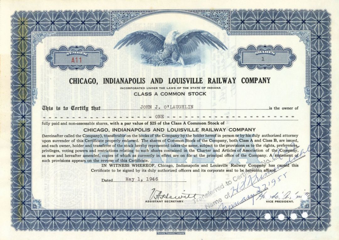 Chicago, Indianapolis and Louisville Railway Co. - Railroad Stock Certificate