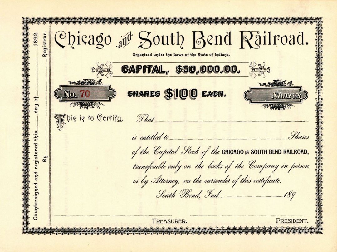 Chicago and South Bend Railroad  - Stock Certificate