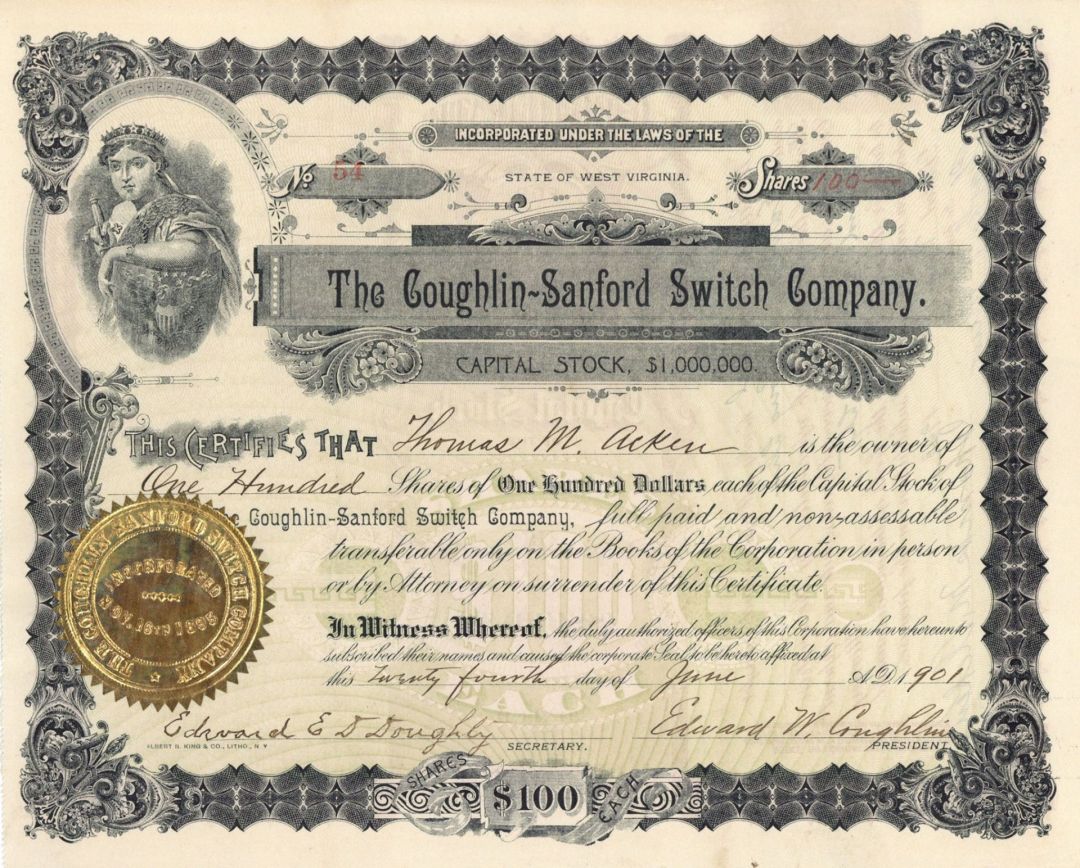 Coughlin-Sanford Switch Co.  - Stock Certificate