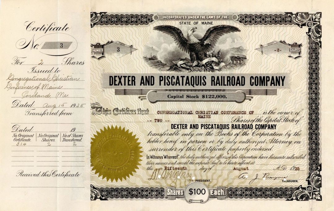 Dexter and Piscataquis Railroad Co. - Railway Stock Certificate