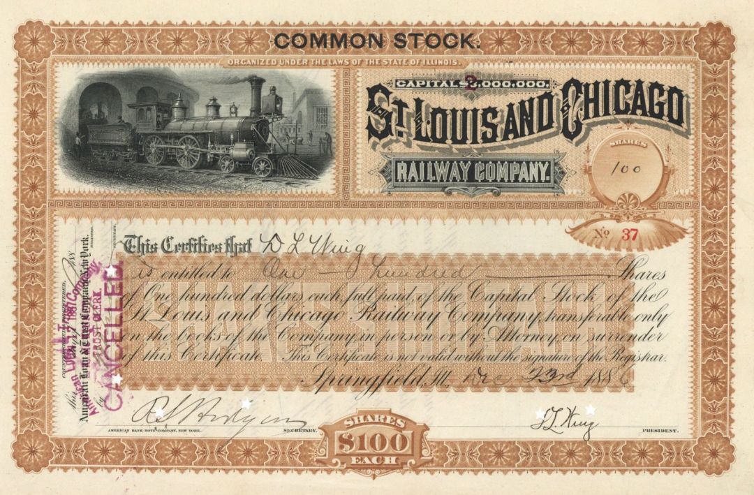 St. Louis and Chicago Railway Co. - 1886 dated Beautiful Railroad Stock Certificate
