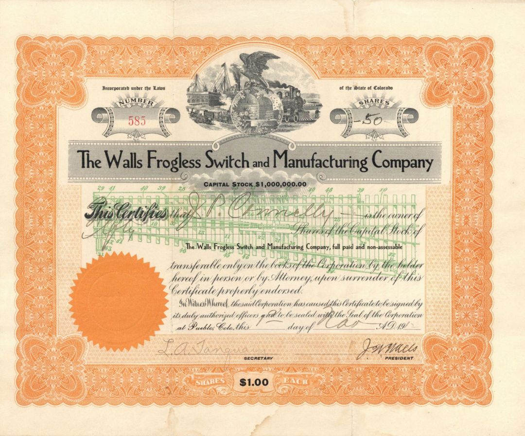 Walls Frogless Switch and Manufacturing Co. - Stock Certificate