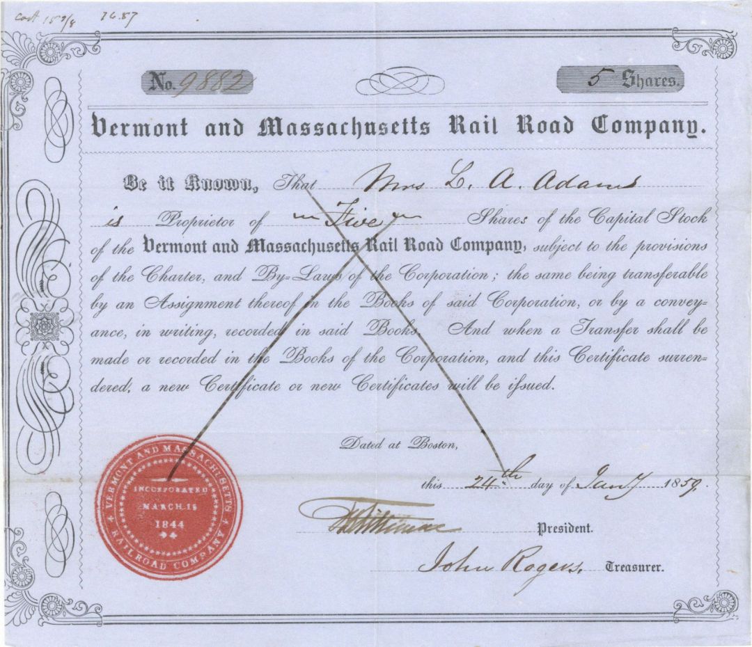 Vermont and Massachusetts Rail Road Co. - Railway Stock Certificate