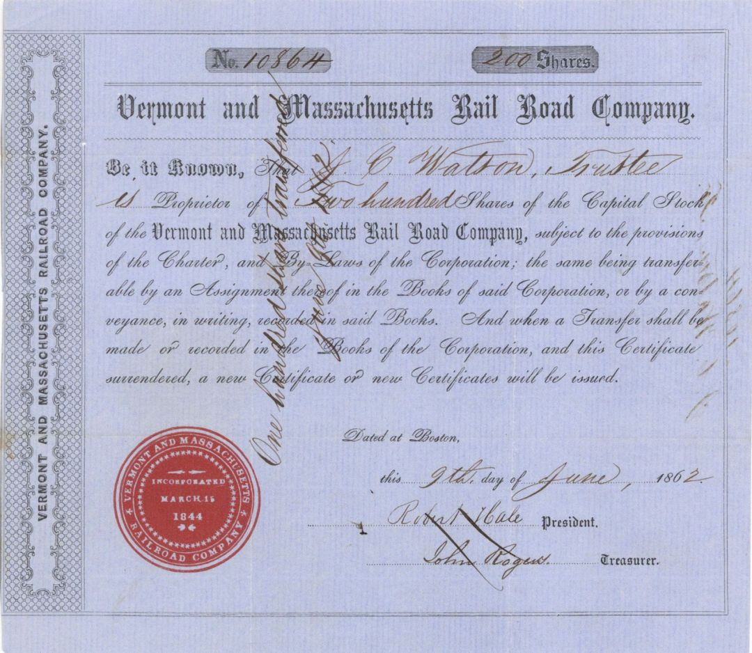 Vermont and Massachusetts Rail Road Co. - 1862 dated Railway Stock Certificate