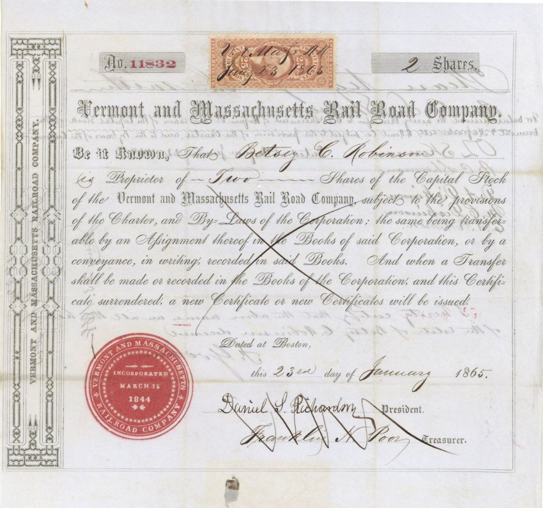 Vermont and Massachusetts Rail Road Co. - 1864 or 1865 dated Railway Stock Certificate with Revenue
