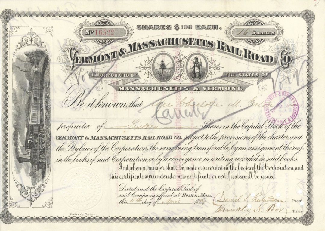 Vermont and Massachusetts Rail Road Co. - Railway Stock Certificate