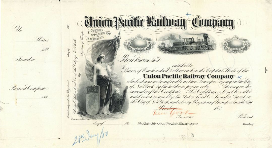 Union Pacific Railway Proof Stock Certificate - Railroad Proof Stock Certificate