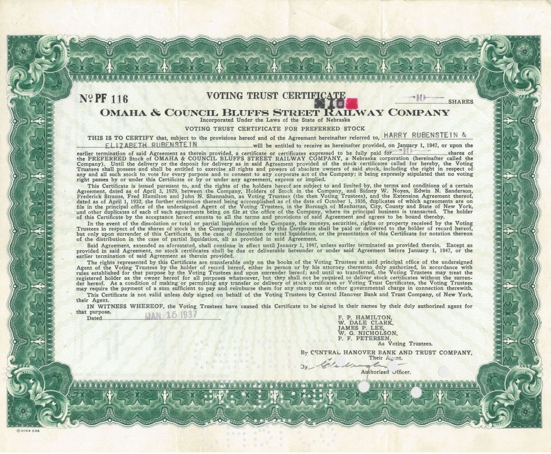 Omaha and Council Bluffs Street Railway Co. - Voting Trust Certificate - Stock Certificate