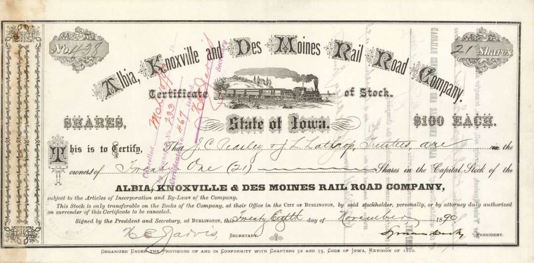 Albia, Knoxville and Des Moines Rail Road Co. - Stock Certificate