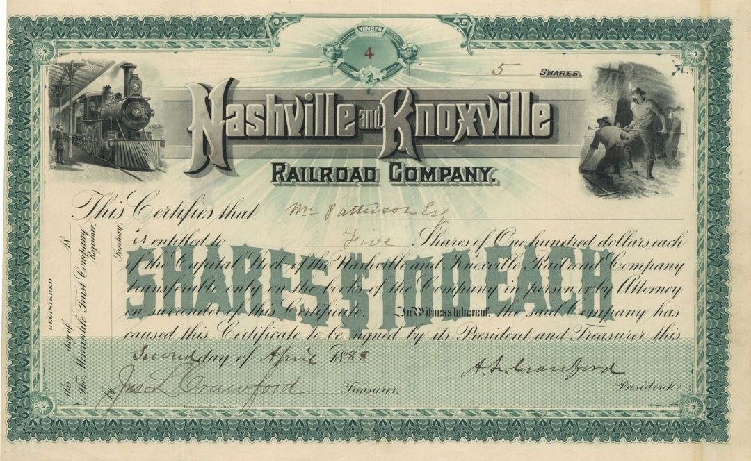 Nashville and Knoxville Railroad Co. - Stock Certificate