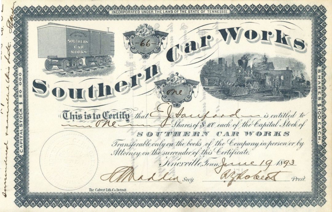 Southern Car Works - Stock Certificate