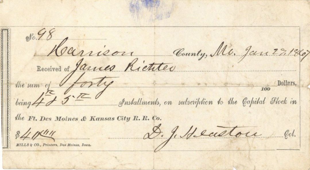 Ft. Des Moines and Kansas City R.R. Co. - Railroad Stock Certificate