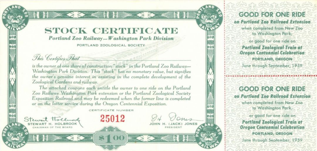 Portland Zoo Railway - Railroad Stock Certificate - Great History