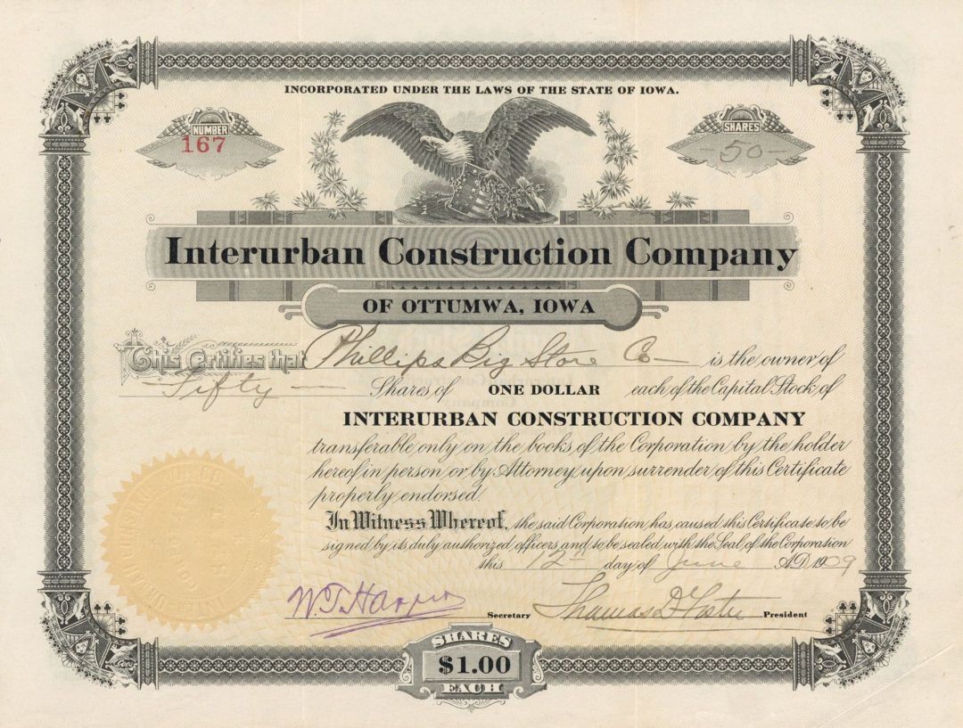 Interurban Construction Co. of Ottumwa, Iowa - Stock Certificate