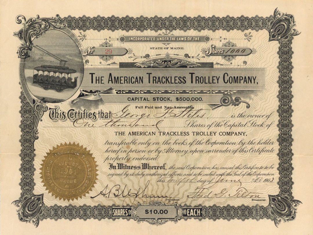 American Trackless Trolley Co. -  Stock Certificate