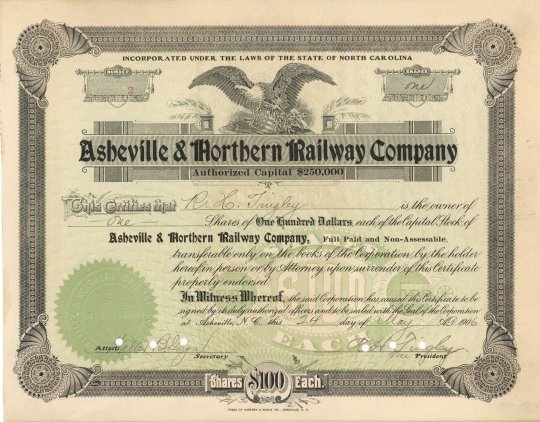 Asheville and Northern Railway Co. -  Railroad Stock Certificate