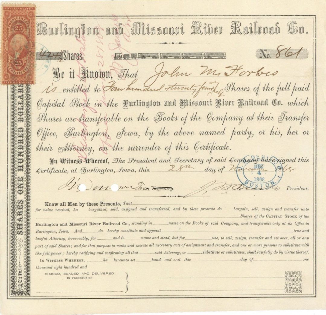 John M. Forbes issued to Burlington and Missouri River Railroad Co. -  Stock Certificate - Forbes Family