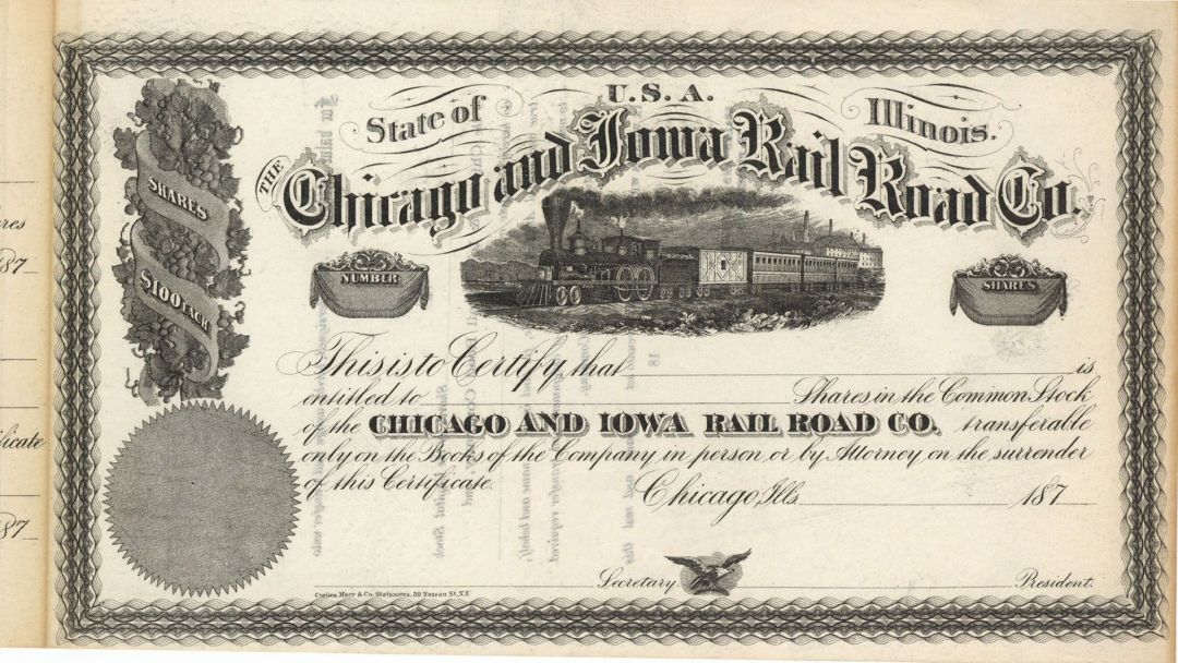Chicago and Iowa Rail Road Co. -  Stock Certificate