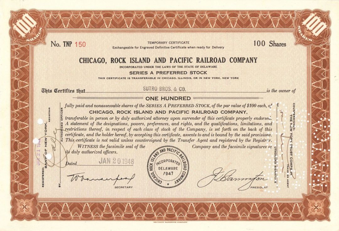 Chicago, Rock Island and Pacific Railroad Co. -  Stock Certificate