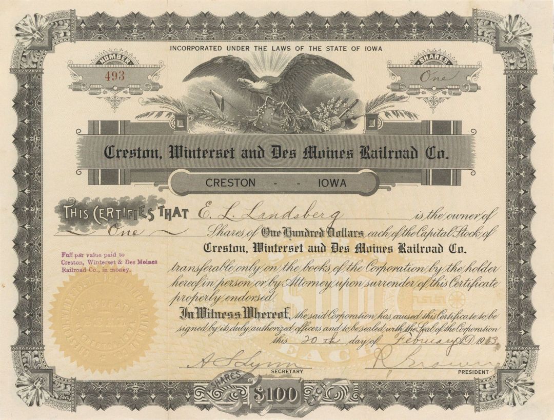 Creston, Winterset and Des Moines Railroad Co. -  Stock Certificate