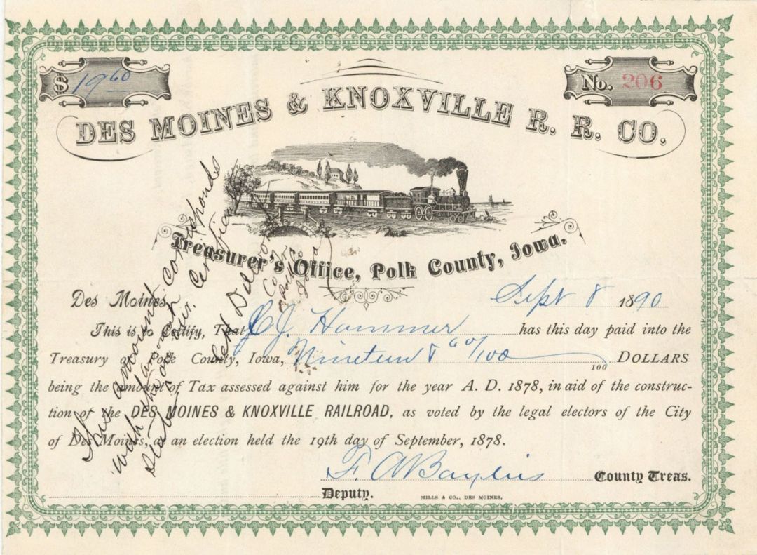 Des Moines and Knoxville R.R.  Co. -  Stock Certificate