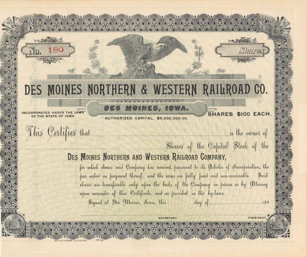 Des Moines Northern and Western Railroad  Co. -  Stock Certificate