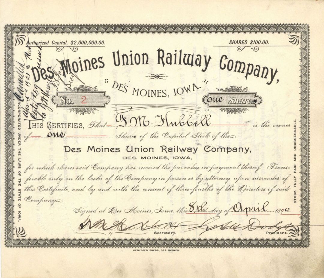 Des Moines Union Railway  Co. -  Stock Certificate