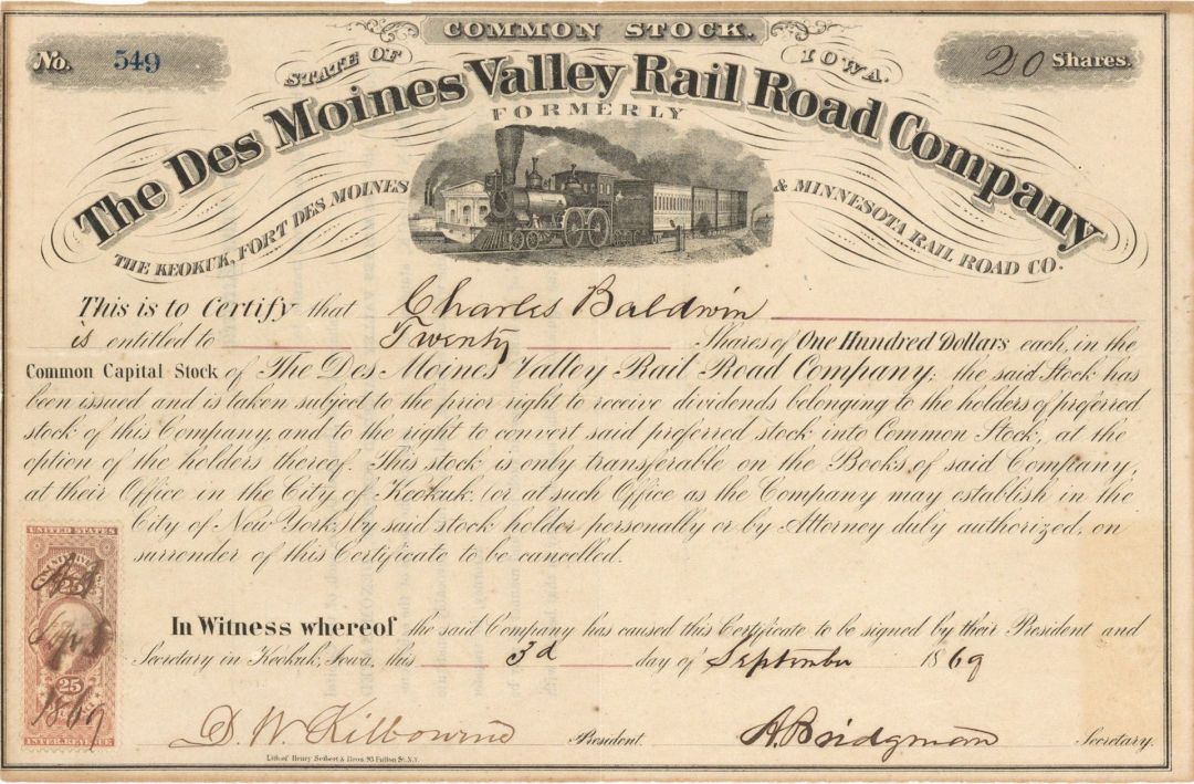 Des Moines Valley Rail Road Co. - Iowa Railway Stock Certificate
