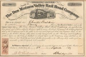 Des Moines Valley Rail Road Co. - Iowa Railway Stock Certificate