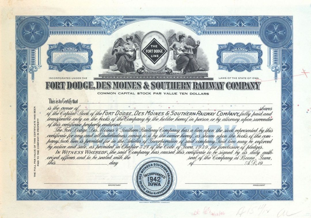Fort Dodge, Des Moines and Southern Railway  Co. -  Stock Certificate